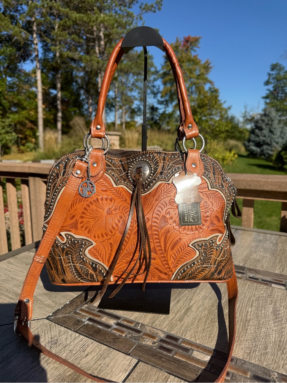 NWT American West Tan Tooled Floral Leather Shoulder Bag with Tassel